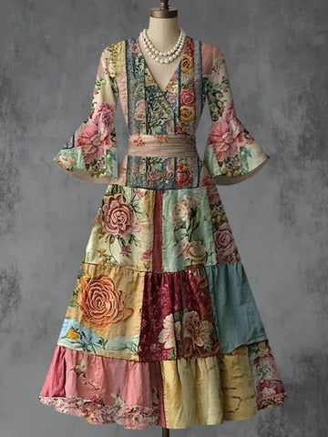 Retro Floral Art Printed V-Neck Vintage Chic Pleated Waist Flare Sleeve Midi Dress